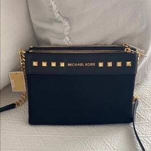Michael Kors Black and Gold Crossbody Bag with Studded Detail